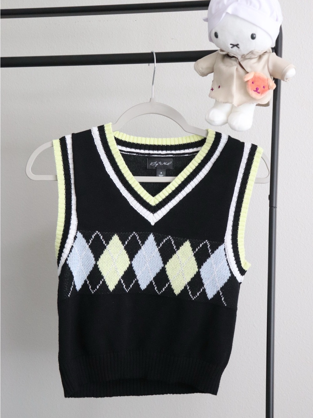 Say What? Black Argyle V-Neck Sweater Vest with Pastel Yellow and Light Blue
